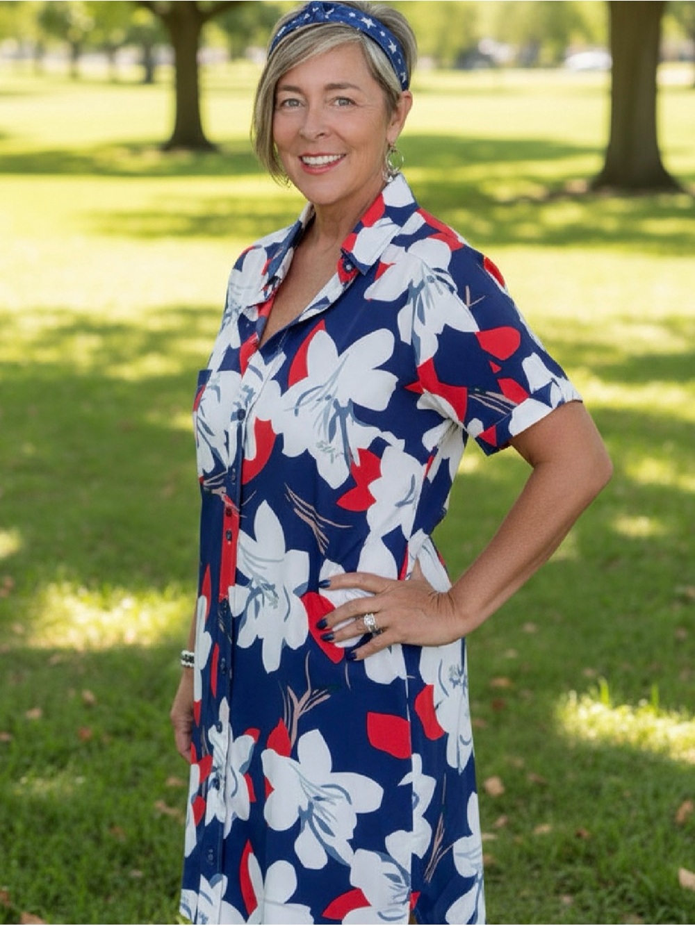 Navy Floral Button-Front Shirt Dress - White & Red Bloom